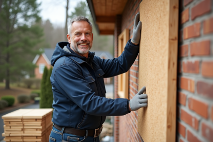 Ouvrier construction posant isolation en fibre de bois