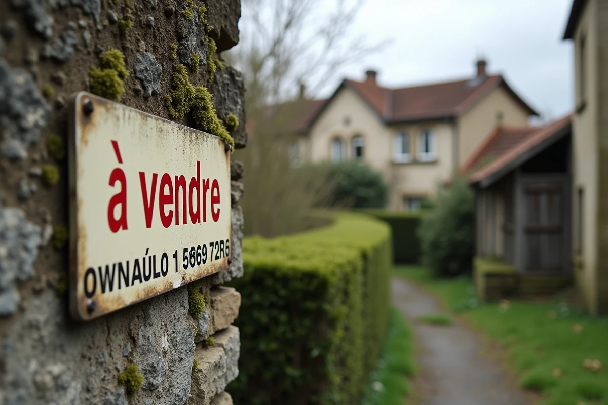 Panneau à vendre sur le mur d'une maison abandonnée en Île-de-France avec jardin envahi par la végétation