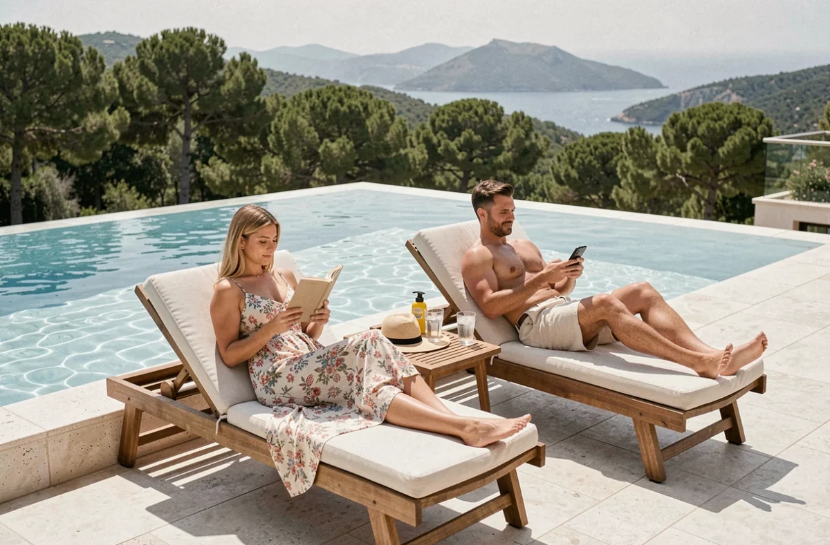 Couple de parents se détendant au bord d'une piscine à débordement privée d'une villa de luxe à Ibiza avec panorama sur la mer