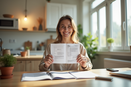 Personne tenant un document officiel dans une cuisine lumineuse