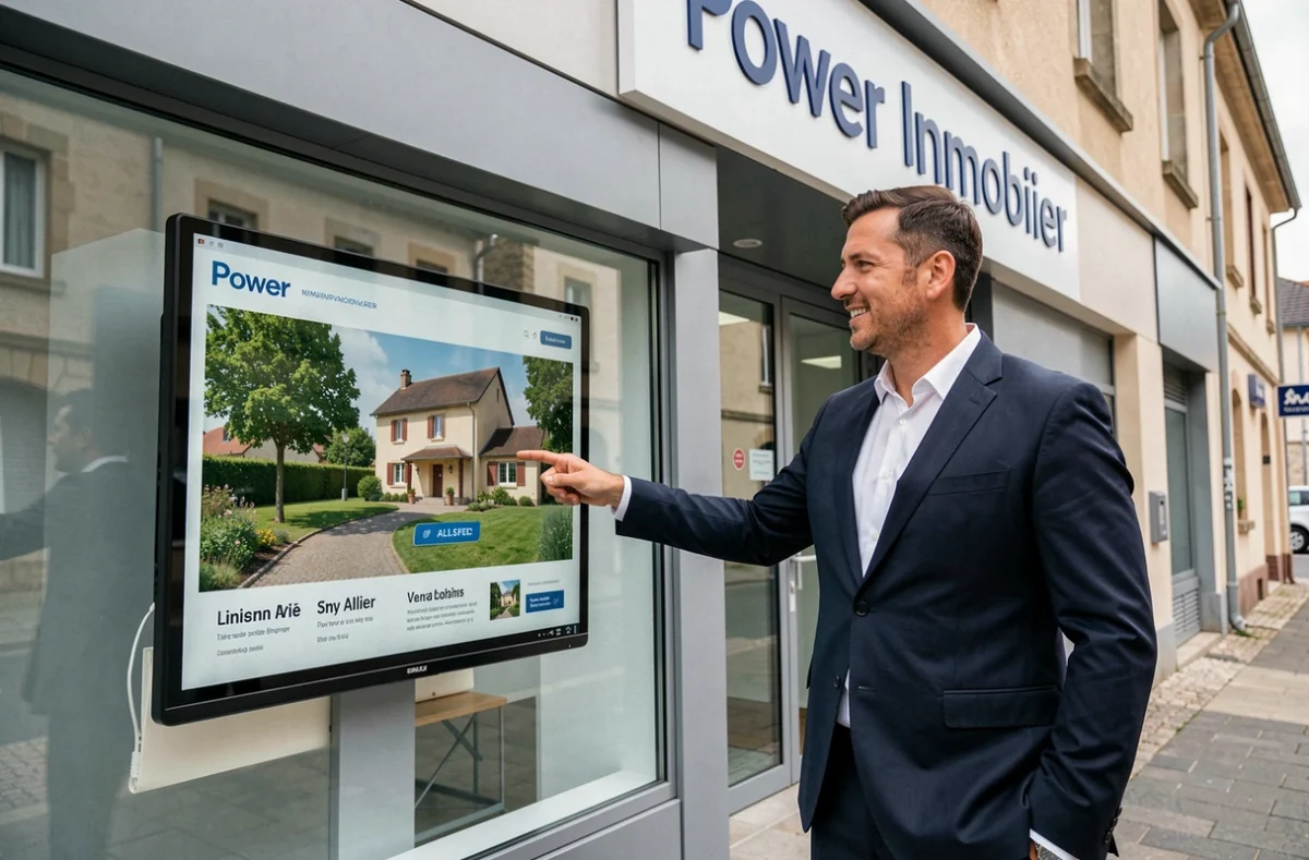Conseiller Power Immobilier présentant des biens immobiliers sur écran tactile dans une agence de l'Allier