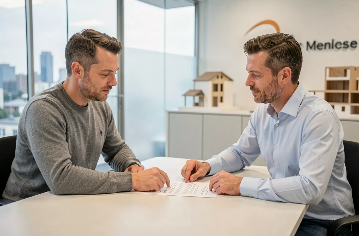 Deux professionnels de l'immobilier étudiant un contrat de transaction dans une agence moderne, en lien avec le calcul des frais de notaire pour un marchand de bien