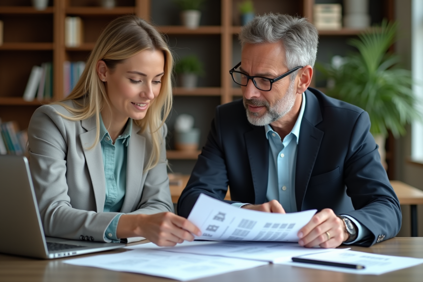 Deux professionnels en réunion dans un bureau moderne