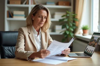 Propriétaire immobilière examinant des documents sur Akerys immobilier à son bureau à domicile