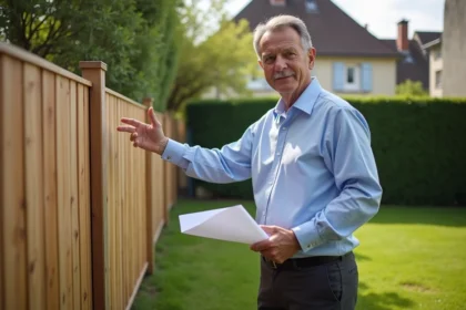 Propriétaire examinant les plans de clôture en limite de propriété dans son jardin