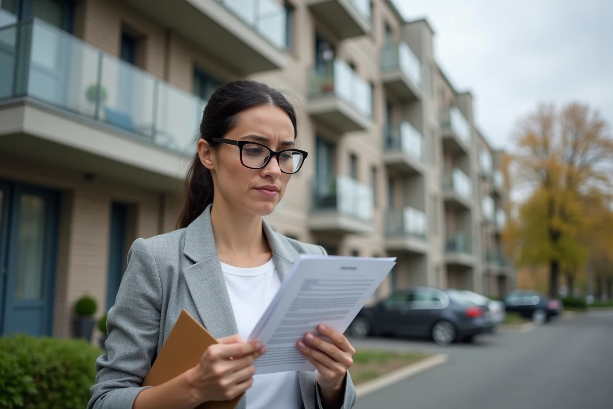 Propriétaire devant un immeuble locatif consultant des documents sur la prolongation Pinel après 6 ans