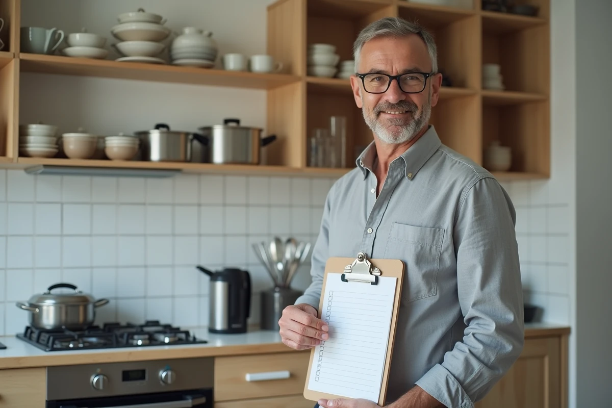 Propriétaire vérifiant l'inventaire de mobilier d'une location meublée avec une liste selon le décret