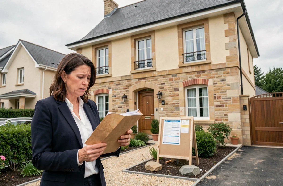Propriétaire devant sa maison neuve tenant des papiers administratifs liés à la déclaration d'achèvement des travaux