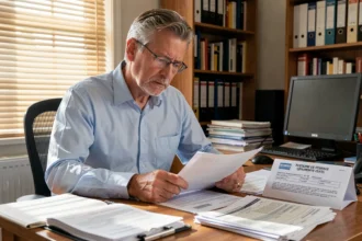 Propriétaire étudiant un avis de taxe sur logement vacant posé sur son bureau avec des documents administratifs