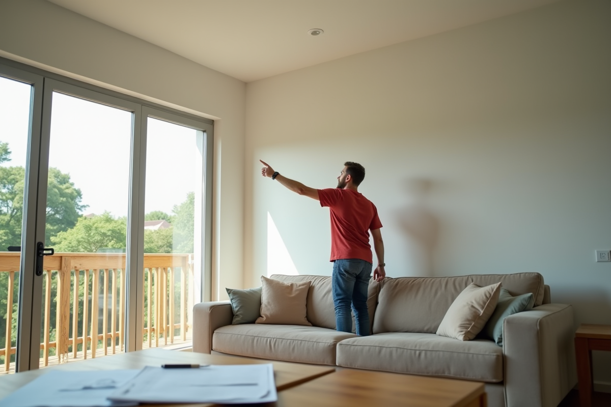 Propriétaire inquiet pointant une fissure dans un mur intérieur lumineux