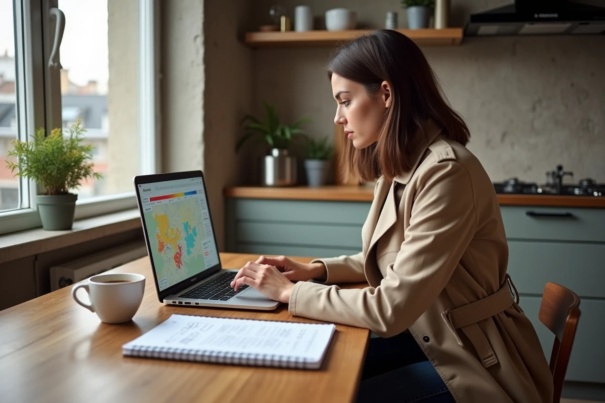 Femme étudiant le marché immobilier locatif en zone tendue sur ordinateur portable