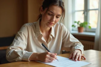 Femme rédigeant une lettre de préavis appartement à la main sur une table en bois dans un appartement