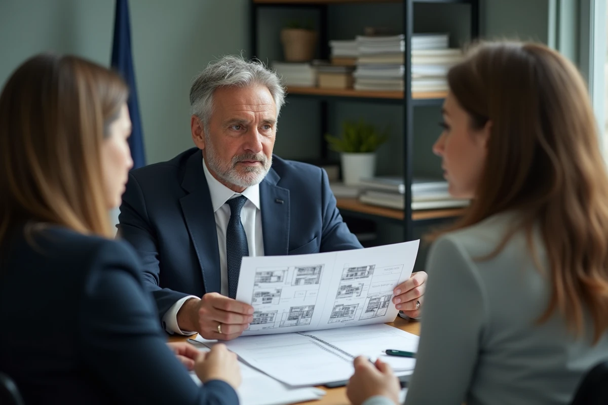 Fonctionnaire municipal expliquant les nouvelles règles de construction et de limite de propriété à des propriétaires dans une mairie