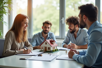 Famille rencontrant un conseiller en prêt immobilier dans un bureau lumineux