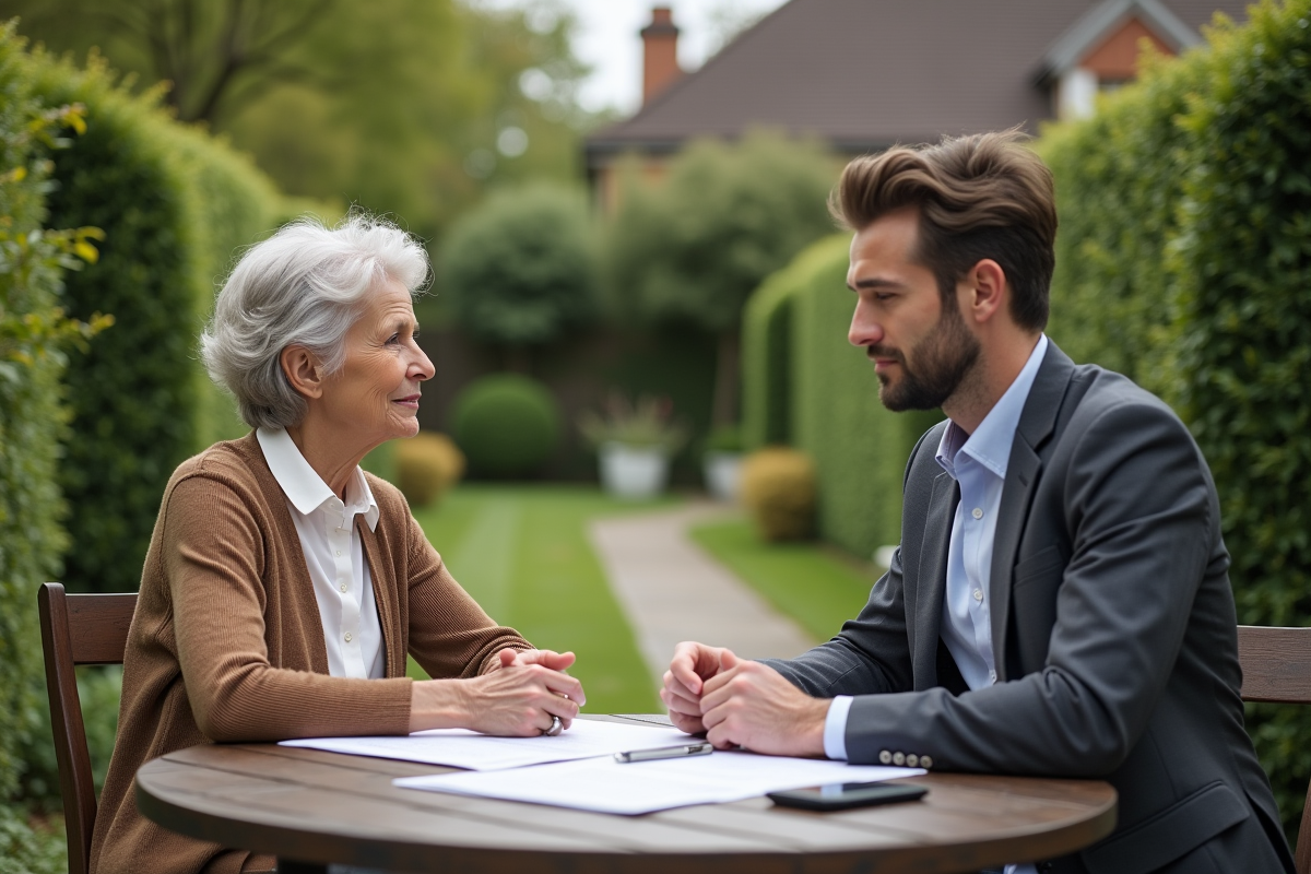 Senior femme et agent immobilier discutant dans un jardin