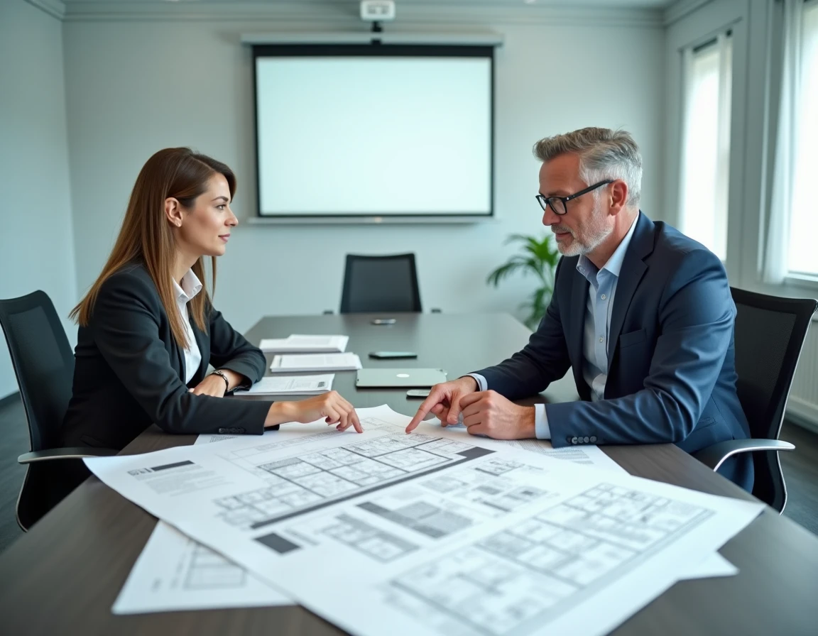 Deux professionnels étudiant un plan de bâtiment et les textes réglementaires ERP 2026 lors d'une réunion de conformité légale