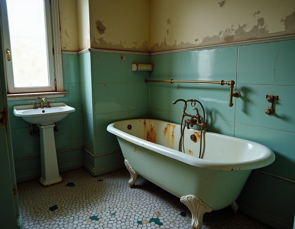 Salle de bain haussmannienne délabrée avec baignoire en fonte rouillée, carrelage fissuré et robinetterie ancienne signalant un budget travaux conséquent