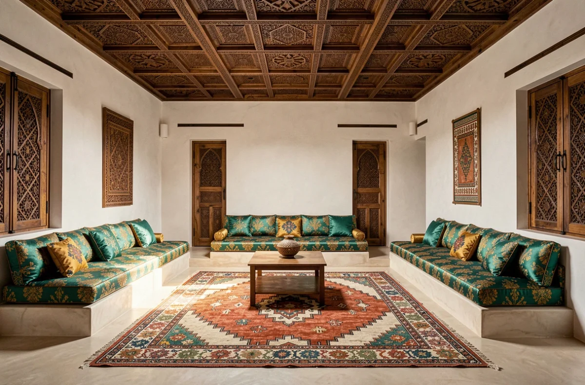 Salon intérieur rénové d'un petit riad à vendre à Marrakech avec plafond en cèdre sculpté et tapis berbère