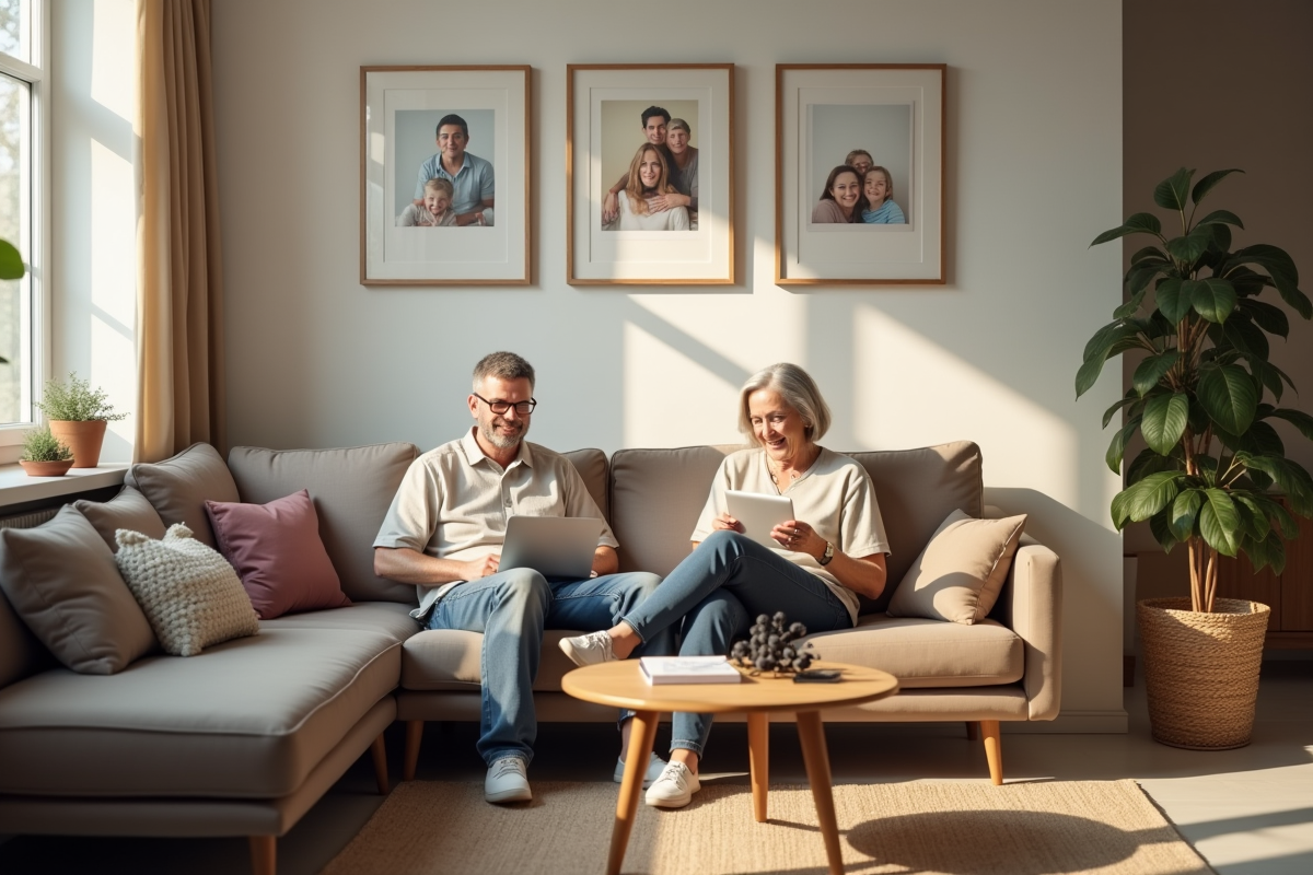 Salon avec objets de famille et lumière naturelle douce