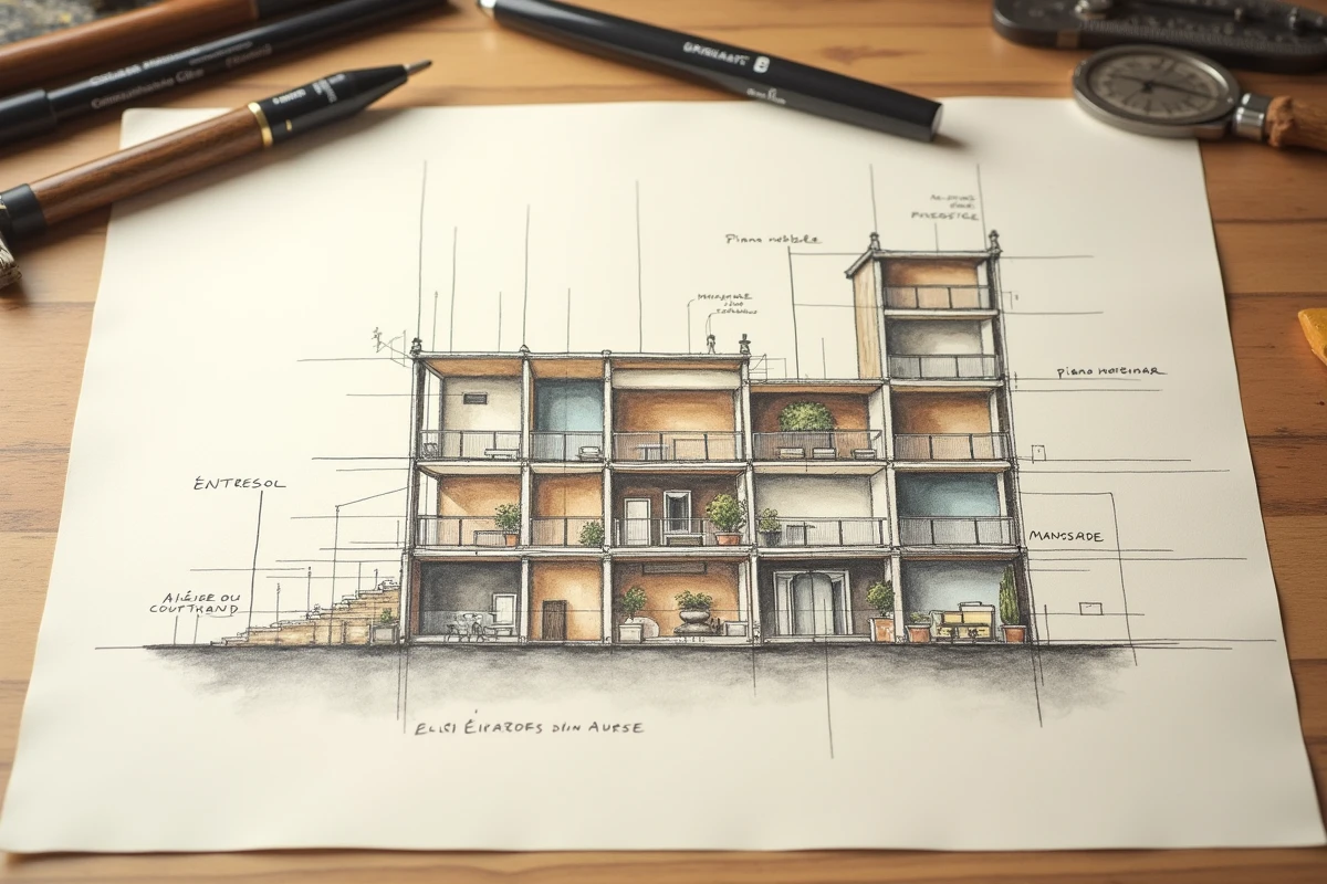 Schéma annoté d'immeuble haussmannien dessiné à la main sur papier avec études aquarelle et outils de dessin technique