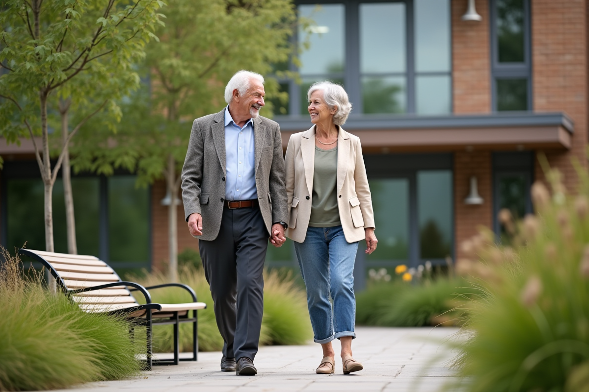 Couple senior se promenant dans le jardin d