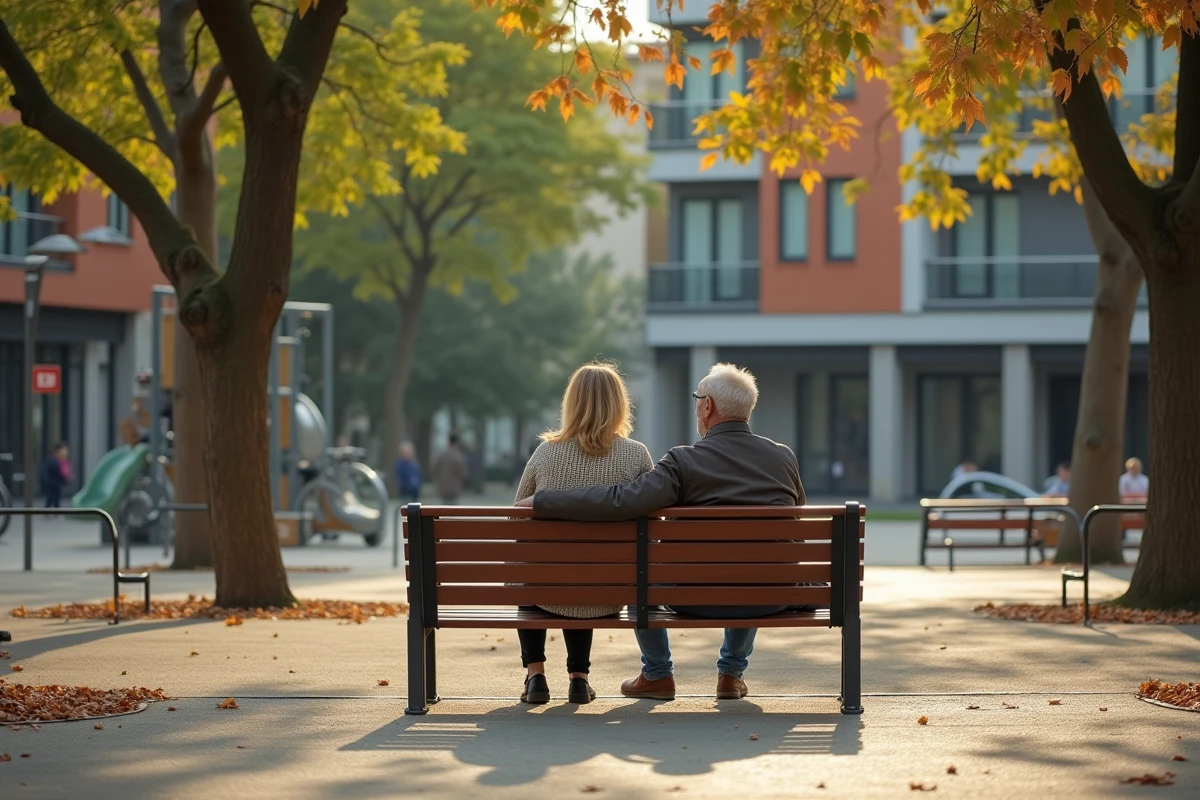 Habitants du quartier Montaudran-Lespinet à Toulouse se retrouvant dans un square rénové entouré d'arbres et de nouveaux équipements urbains
