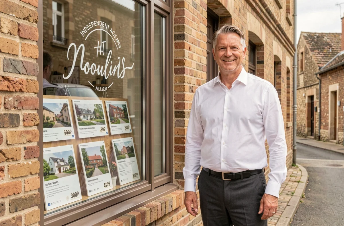 Agent de l'agence Stéphane Goutaudier Immobilier devant la vitrine de l'agence à Moulins dans l'Allier