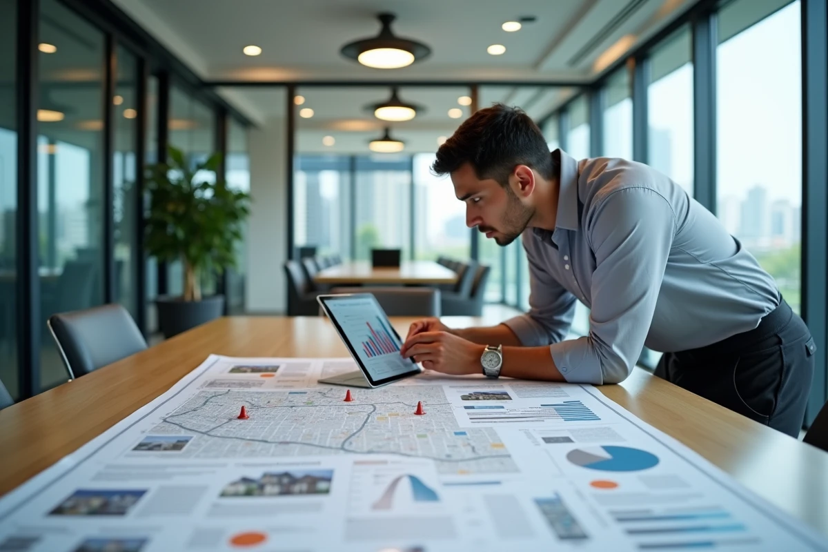 Professionnel immobilier comparant des données de prix sur des documents et une tablette dans une agence moderne