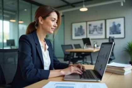 Syndic de copropriété utilisant un logiciel de gestion immobilière Urbamate sur ordinateur portable dans un bureau moderne