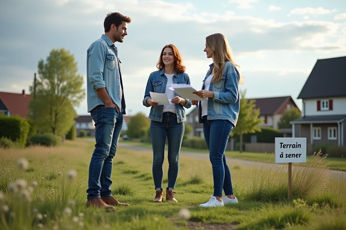 Jeune couple discutant avec un agent immobilier sur un terrain vacant