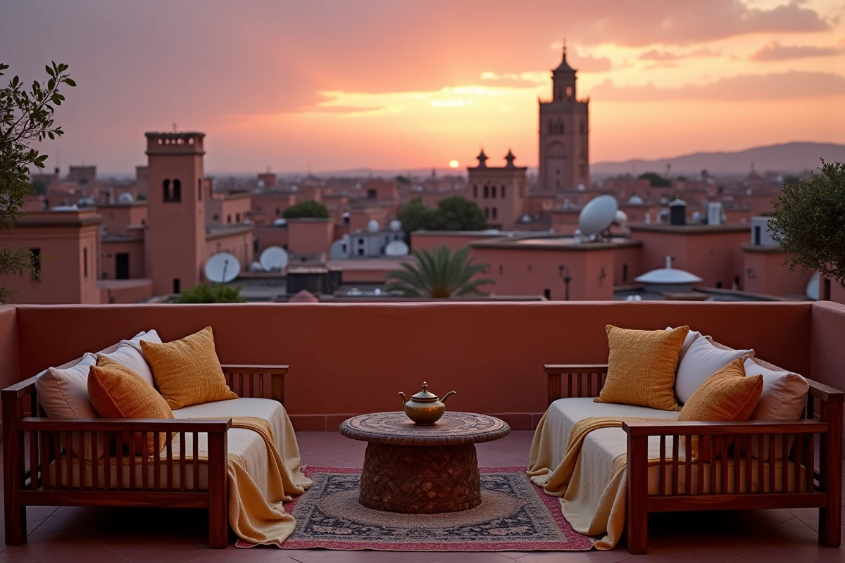 Terrasse de riad de luxe à Marrakech avec vue sur la Koutoubia et mobilier en bois de cèdre au crépuscule