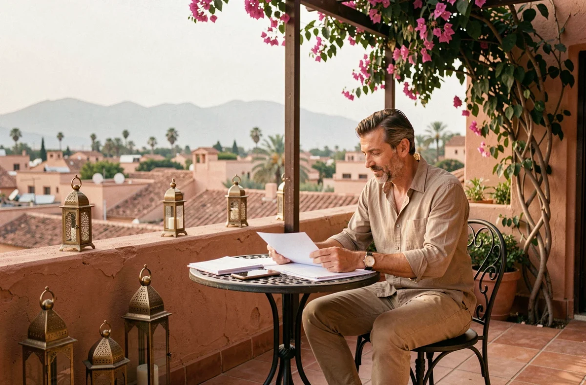 Terrasse d'un riad à vendre à Marrakech avec vue panoramique sur les toits de la médina et l'Atlas