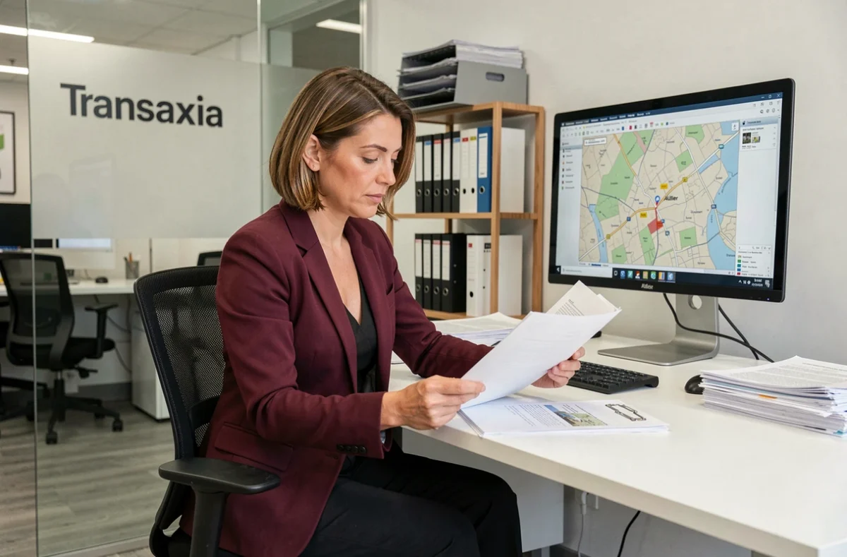 Conseillère immobilière Transaxia en train d'étudier un dossier de transaction dans une agence de l'Allier