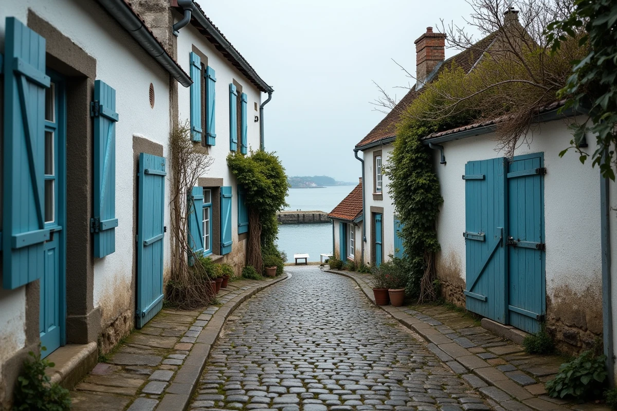 Ruelle pavée d'un village de pêcheurs normand avec vue sur le port et maisons blanches aux volets bleus