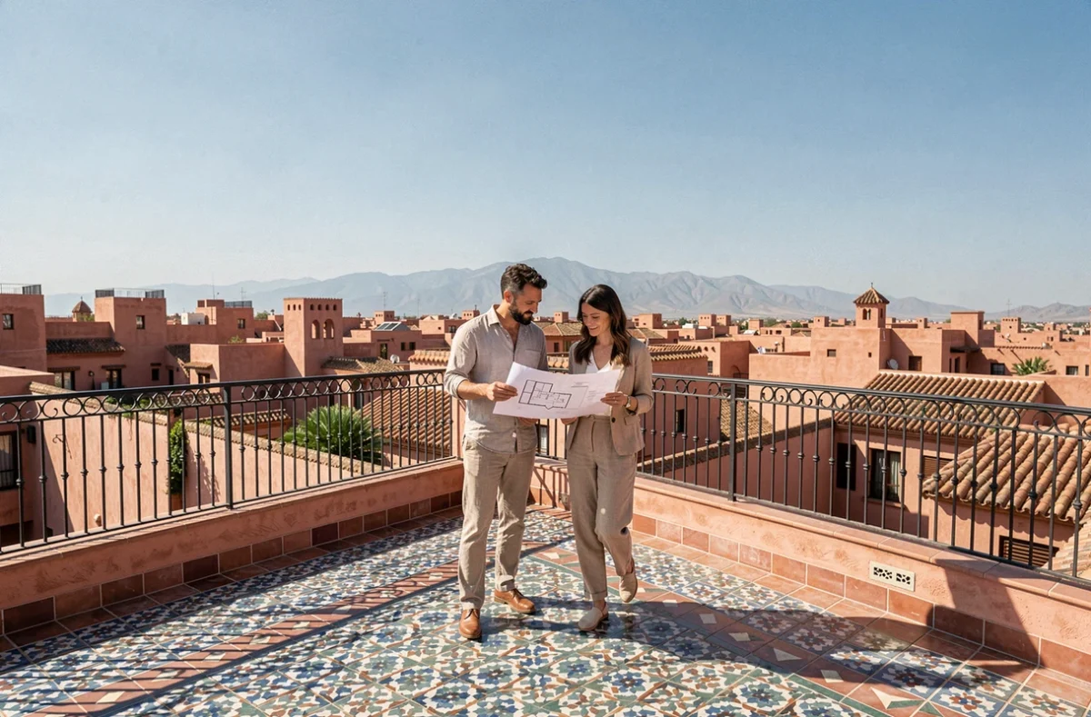 Couple visitant la terrasse panoramique d'une villa de luxe à vendre à Marrakech avec vue sur la médina