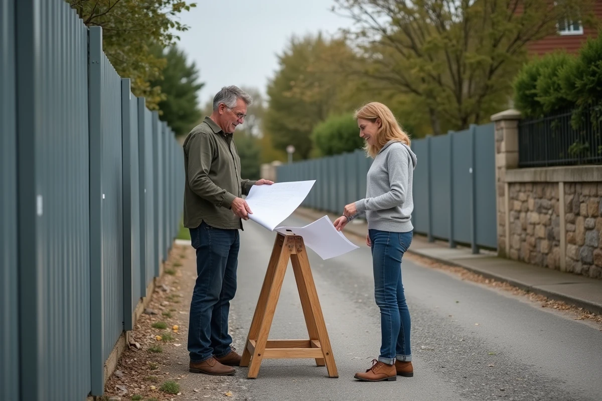 Deux voisins consultant un plan de bornage devant une clôture en cours d'installation