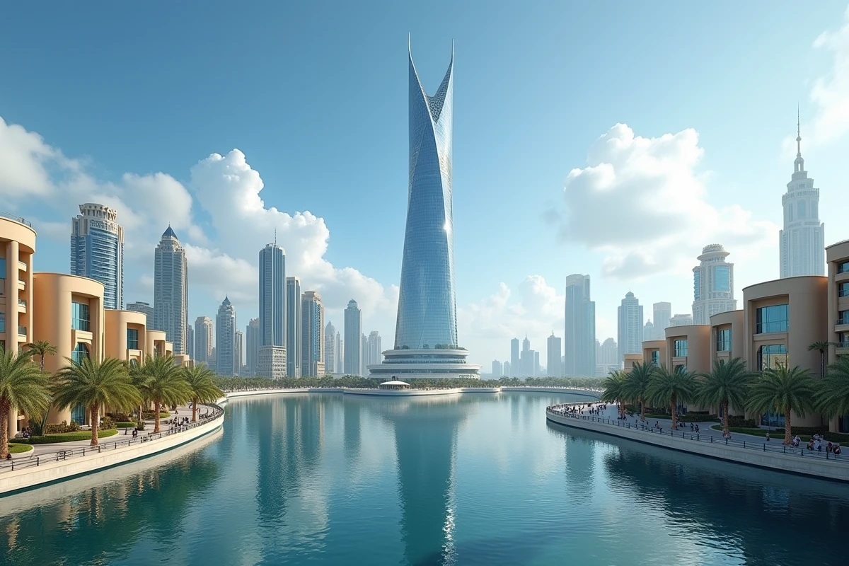 Vue extérieure de la tour Almas Tower dominant le quartier JLT à Dubaï avec reflet dans le lac et promenade piétonne